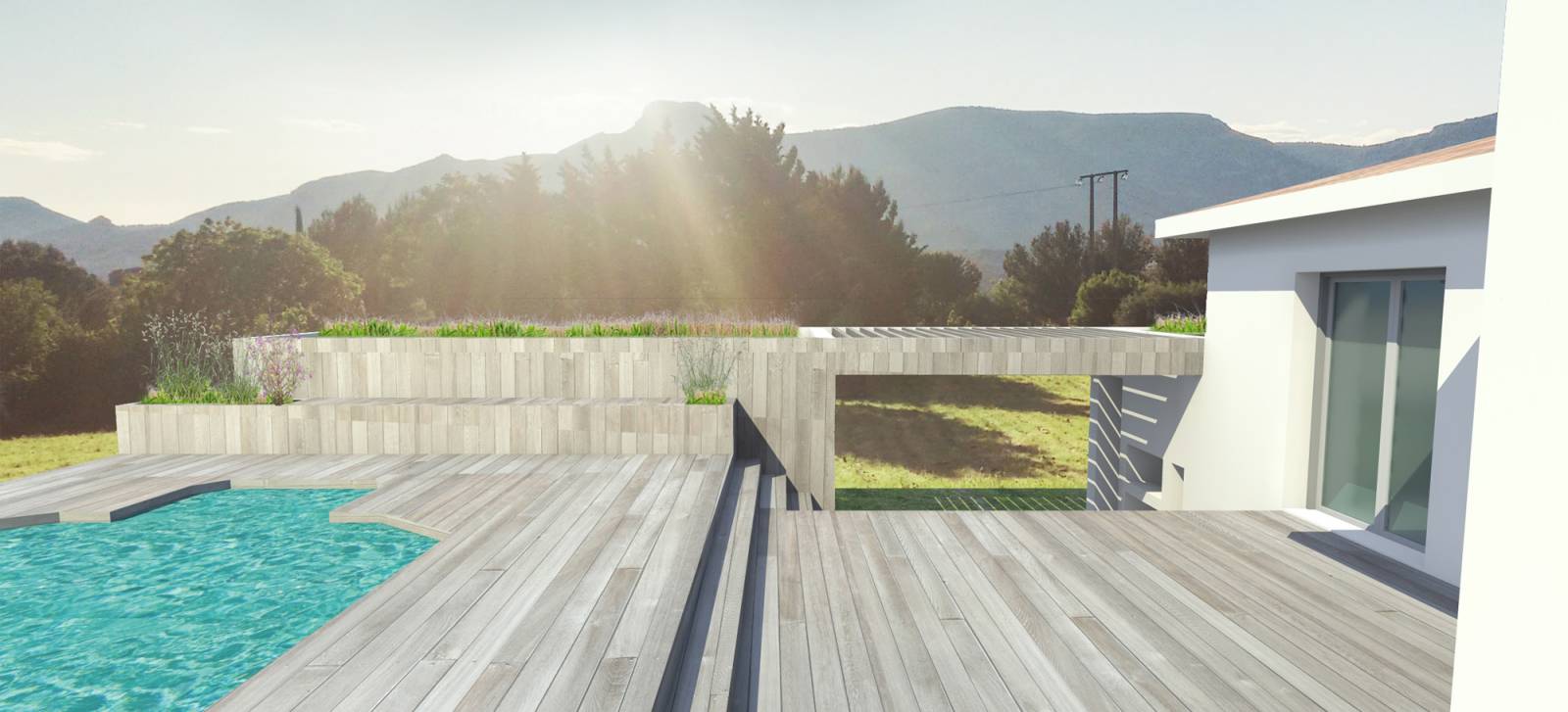 Construction d'un Pool house avec cuisine d'été et aménagement de terrasses